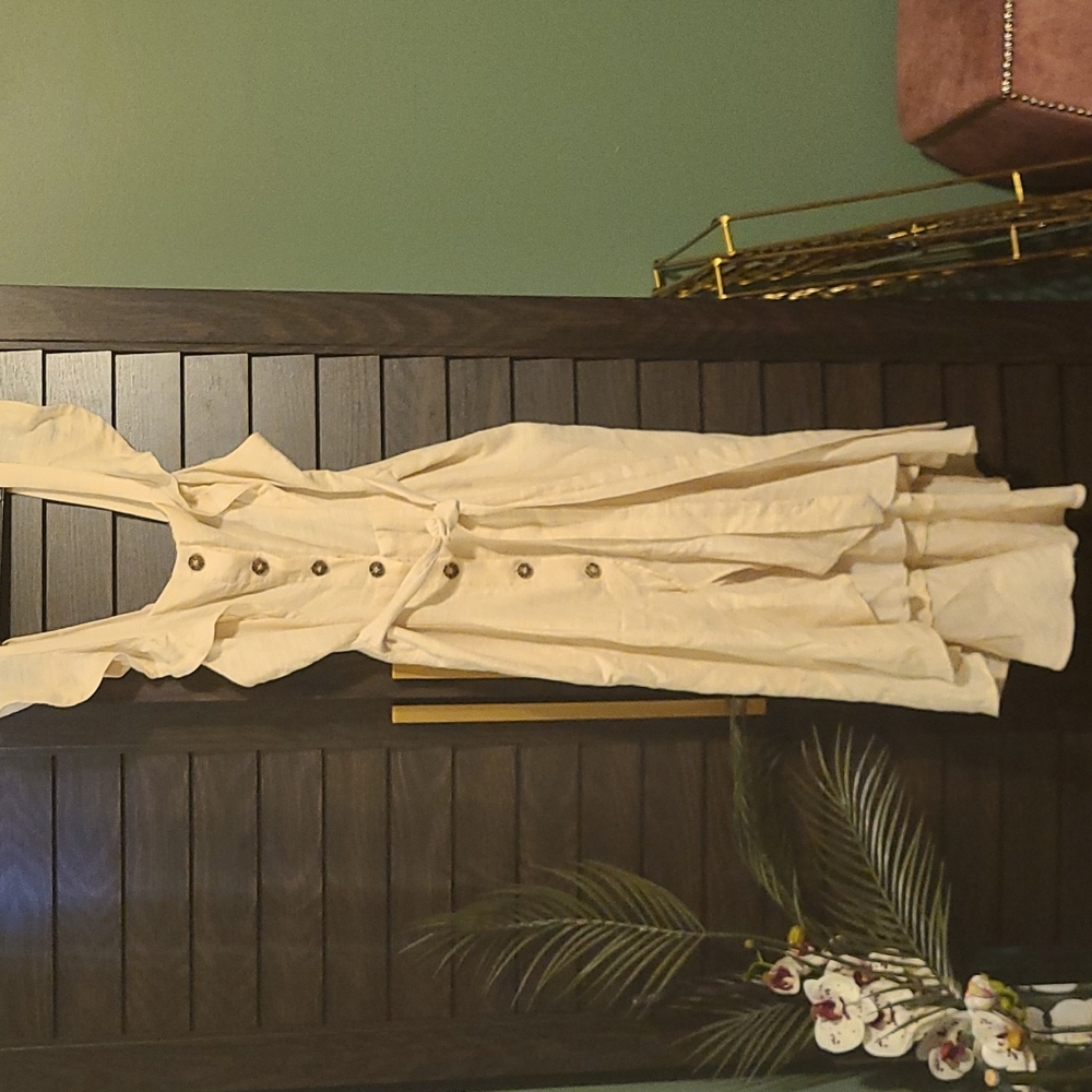 COPY - Soho linen ruffle, high-low dress size 2/4 in a light tan color.